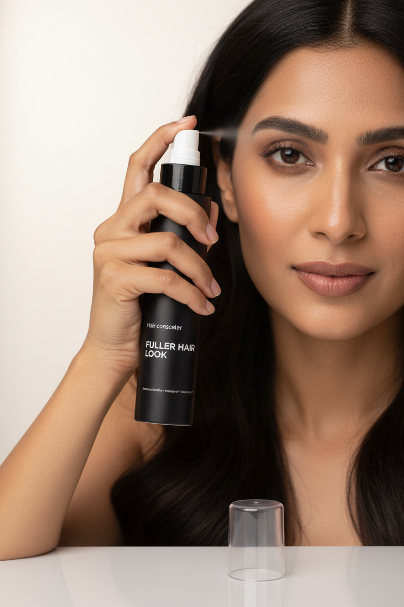 Ultra-realistic product photography using a real reference bottle.
A real Indian woman (late 20s to early 30s) is holding the exact same hair concealer spray bottle as shown in the reference image and gently spraying it on her hairline.
Bottle accuracy is CRITICAL:
• Fully black cylindrical bottle
• White spray nozzle and transparent cap
• Matte black label
• Text on bottle reads exactly:
“Hair concealer”
“FULLER HAIR LOOK”
Smaller text below: “Enhances hairline • Waterproof • Sweat-proof”
• No logo